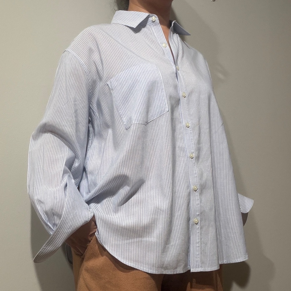 Trovata Birds Of Paradise Women Medium Striped Blue Cotton Blend Button Up Shirt